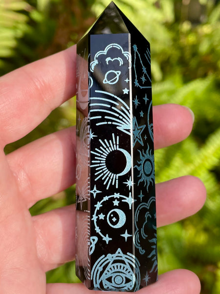 Sacred Symbols Black Obsidian Healing Wand - Turquoise - Morganna’s Treasures 