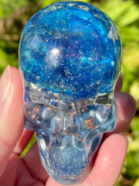 “Celestial” Sodalite, Pyrite, Kyanite, Opalite, Clear Quartz & Copper Orgonite Skull