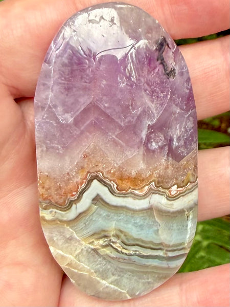 Beautiful Amethyst in Crazy Lace Agate Palm Stone