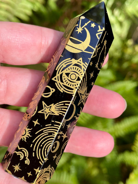 Sacred Symbols Black Obsidian Healing Wand - Yellow - Morganna’s Treasures 