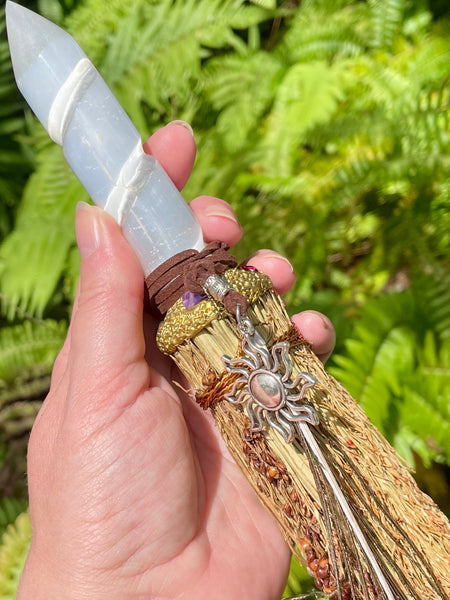 Selenite and Sorghum Altar Broom for Sweeping Away Negative Energy - Morganna’s Treasures