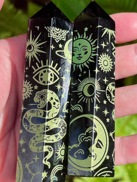 Sacred Symbols Black Obsidian Healing Wand - Gold - Morganna’s Treasures