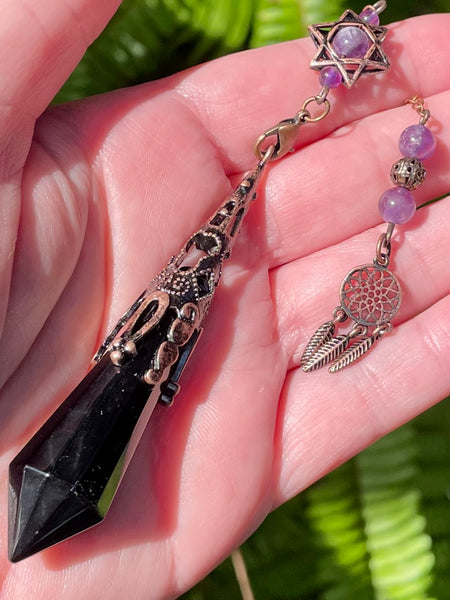 Black Obsidian and Purple Amethyst Dreamcatcher Pendulum