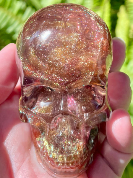 “Mystic” Large Garnet, Smoky Quartz, Red Aventurine, Tigers Eye, Moonstone, Red Jasper, Clear Quartz & Copper Orgonite Skull