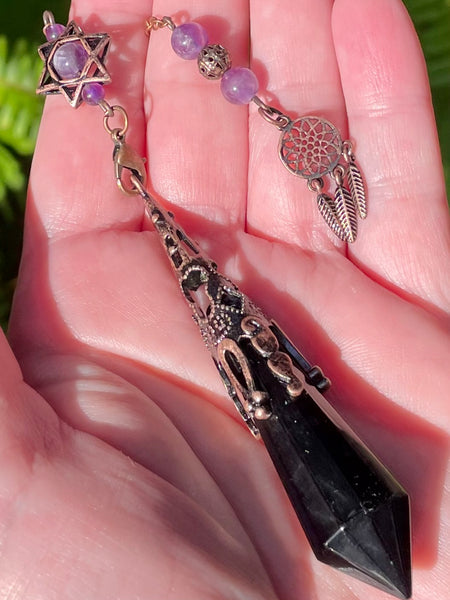 Black Obsidian and Purple Amethyst Dreamcatcher Pendulum