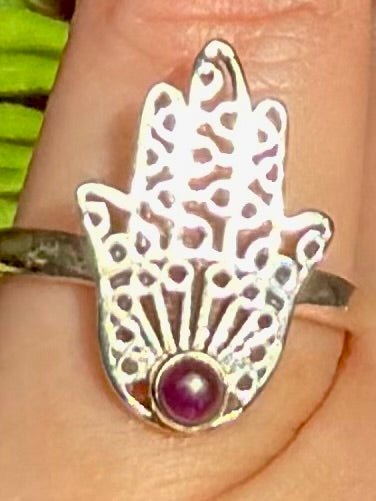 Purple Amethyst Hamsa Hand Ring Size 7.5 - Morganna’s Treasures
