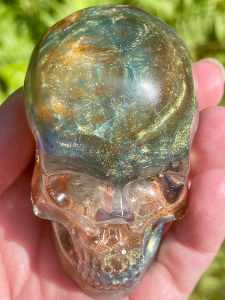 "Elemental" Large Labradorite, Green Aventurine, Blue Aventurine, Moss Agate, Fluorite, Opalite, Clear Quartz & Copper Orgonite Skull