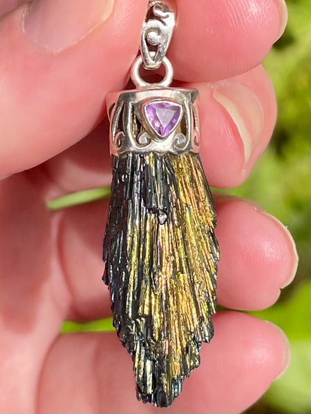 Rainbow Aura Kyanite and Amethyst Pendant - Morganna’s Treasures 