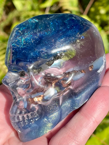 “Celestial” Sodalite, Pyrite, Kyanite, Opalite, Clear Quartz & Copper Orgonite Skull