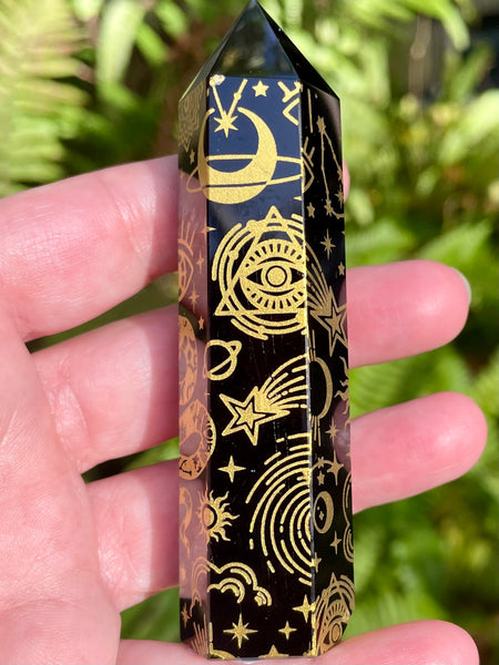 Sacred Symbols Black Obsidian Healing Wand - Yellow - Morganna’s Treasures 