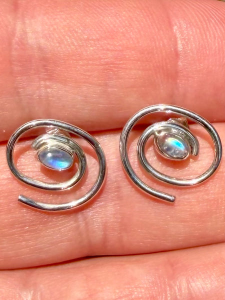 Rainbow Moonstone Spiral Studded Earrings