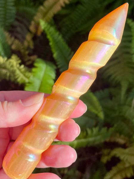 Orange Aura Selenite Spiral Wand - Morganna’s Treasures