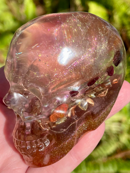 “Visionary” Large Garnet, Rose Quartz, Red Jasper, Clear Quartz & Copper Orgonite Skull - Morganna’s Treasures