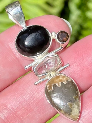 Sutured Ammonite, Herkimer Diamond, Smoky Quartz and Black Onyx Pendant - Morganna’s Treasures 