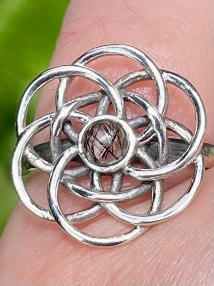 Tourmanilated Quartz Flower of Life Ring Size 7 - Morganna’s Treasures 