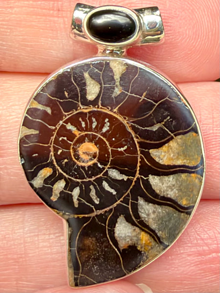 Rare Hematite in Ammonite and Black Onyx Pendant