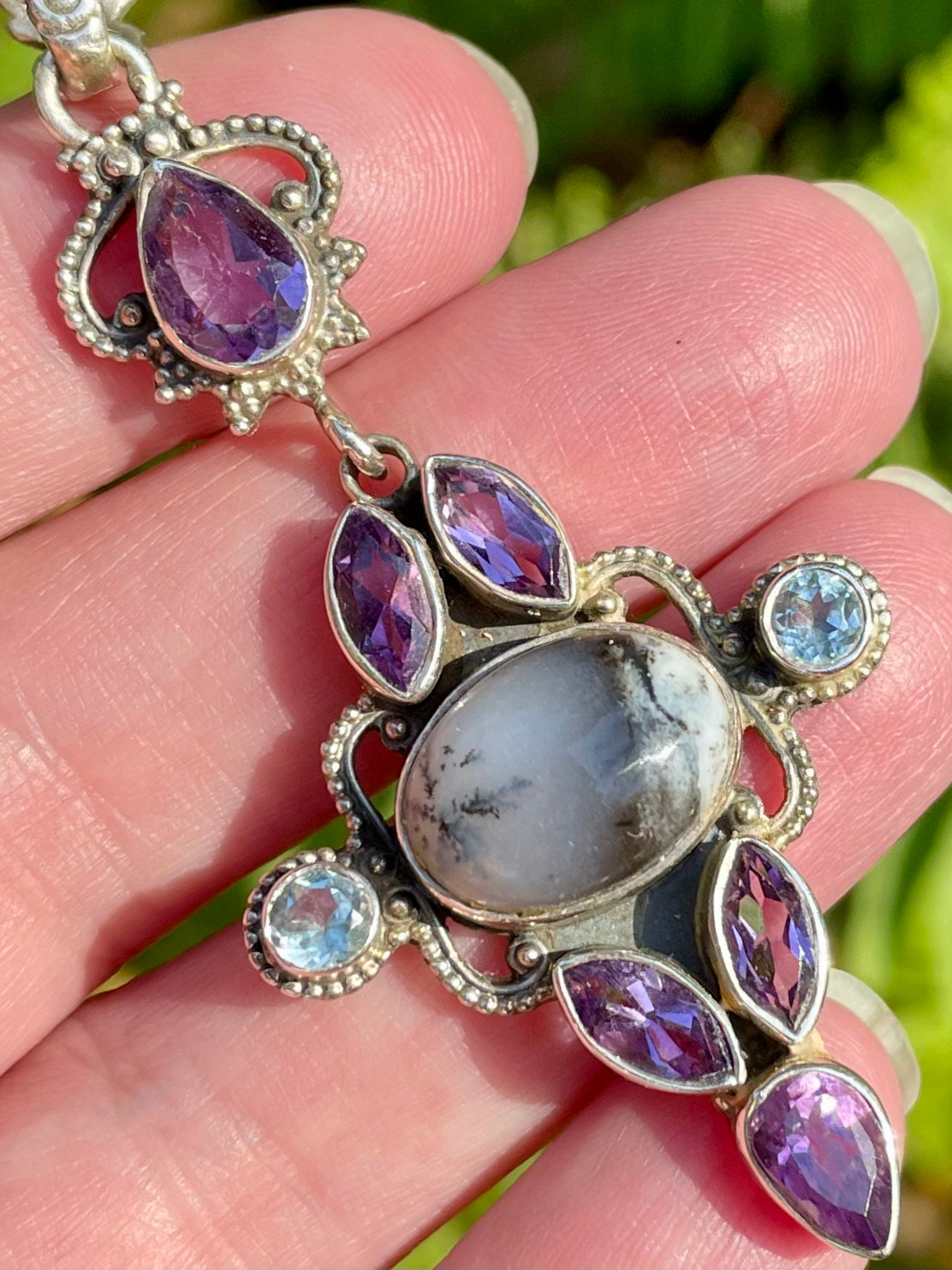 Merlinite, Blue Topaz and Amethyst Pendant - Morganna’s Treasures 