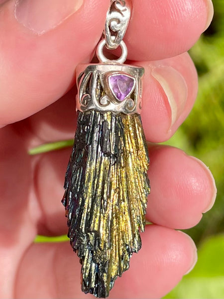 Rainbow Aura Kyanite and Amethyst Pendant - Morganna’s Treasures 