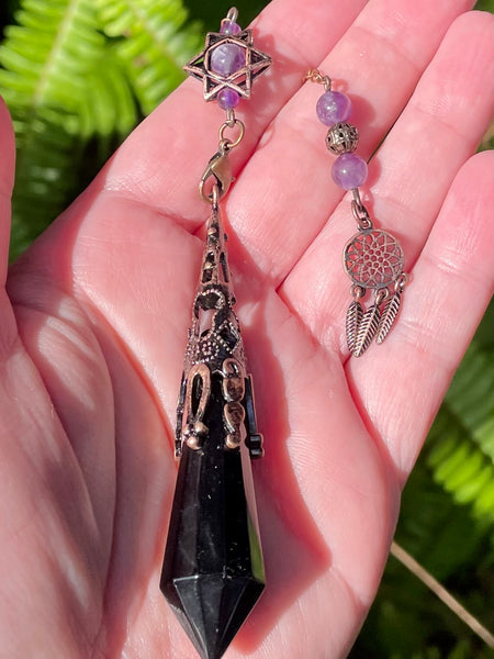 Black Obsidian and Purple Amethyst Dreamcatcher Pendulum