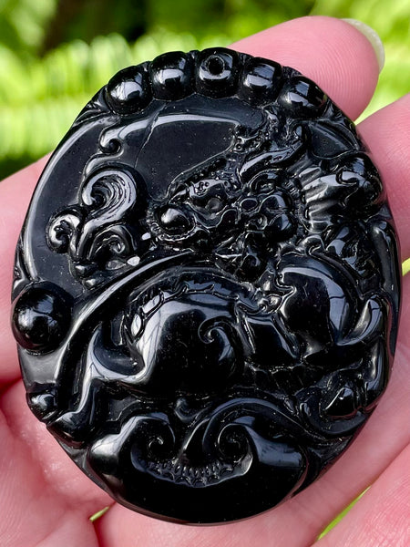 Carved Buddhist Black Obsidian Palm Stone/Pendant - Morganna’s Treasures 