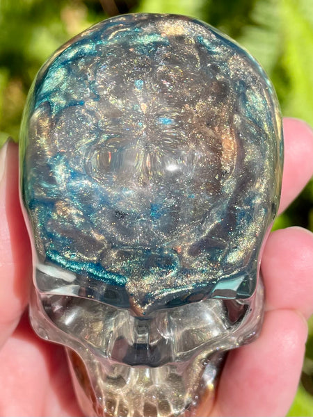 “Mermaid” Sunstone, Aquamarine, Turquoise, Amazonite, Opalite, Clear Quartz & Copper Orgonite Skull - Morganna’s Treasures 