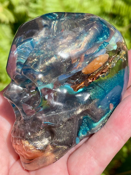 “Mermaid” Sunstone, Aquamarine, Turquoise, Amazonite, Opalite, Clear Quartz & Copper Orgonite Skull - Morganna’s Treasures 