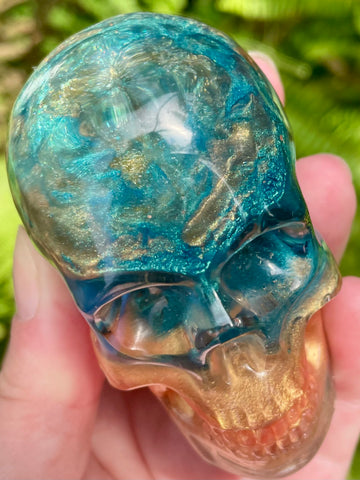 “Oracle” Blue Lace Agate, Pyrite, Kyanite, Amazonite, Opalite, Clear Quartz & Copper Orgonite Skull - Morganna’s Treasures 