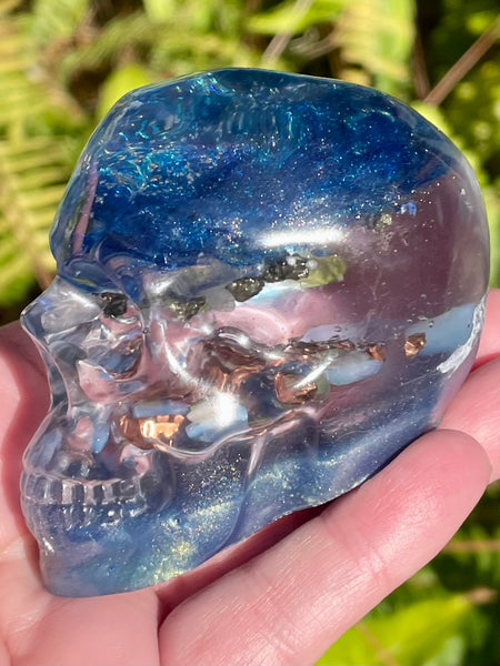 “Celestial” Sodalite, Pyrite, Kyanite, Opalite, Clear Quartz & Copper Orgonite Skull