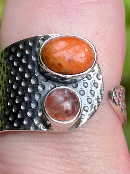 Coral and Sunstone Ring Size 10 Adjustable - Morganna’s Treasures 