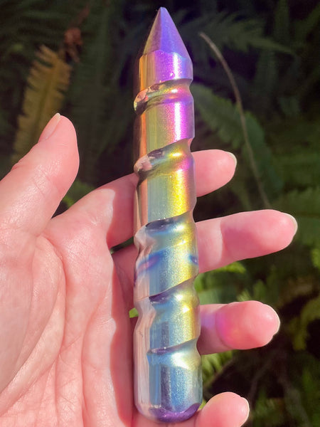 Rainbow Titanium Aura Selenite Spiral Wand - Morganna’s Treasures