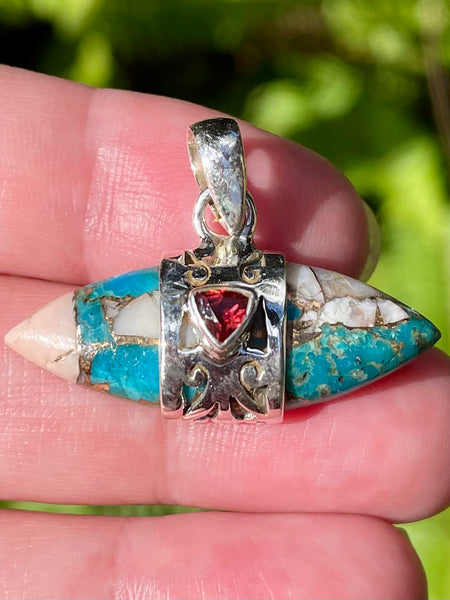 Spiny Oyster in Arizona Turquoise and Garnet Pendant - Morganna’s Treasures 