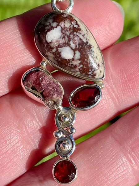 Wild Horse Jasper, Pink Tourmaline and Garnet Pendant - Morganna’s Treasures 