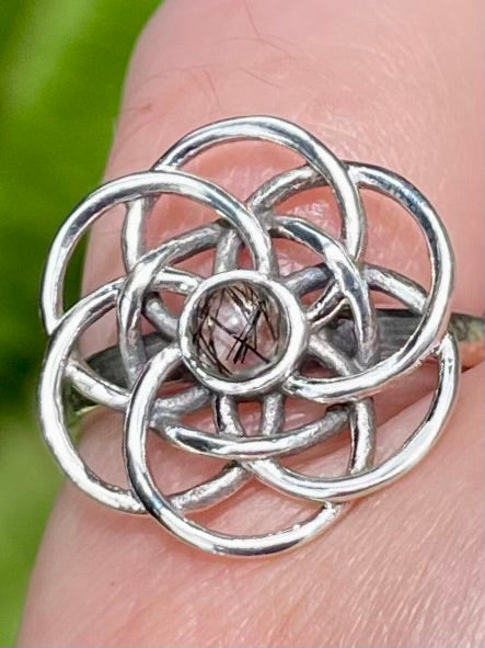 Tourmanilated Quartz Flower of Life Ring Size 7 - Morganna’s Treasures 