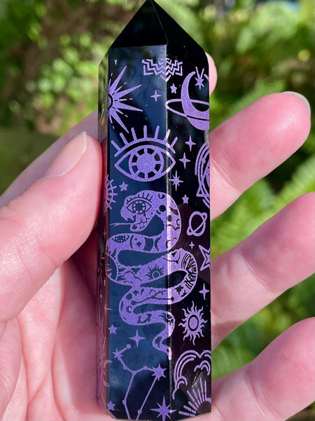 Sacred Symbols Black Obsidian Healing Wand - Purple - Morganna’s Treasures 