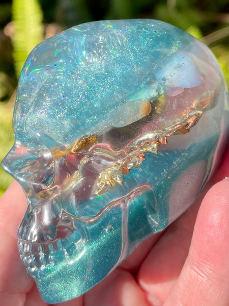 “Selkie” Lemurian Blue Calcite, Blue Kyanite, Turquoise, Opalite, Clear Quartz & Copper Orgonite Skull - Morganna’s Treasures