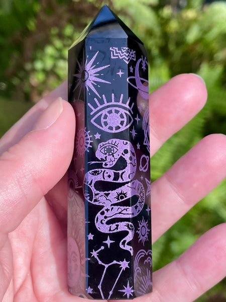 Sacred Symbols Black Obsidian Healing Wand - Purple - Morganna’s Treasures 