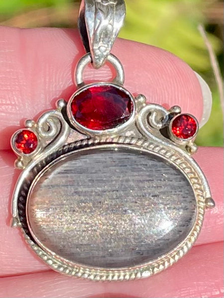 Black Sunstone and Garnet Pendant