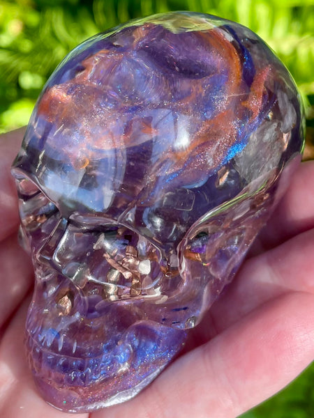 “Magician” Large Super Seven, Sugilite, Rhodochrosite, Amethyst, Clear Quartz & Copper Orgonite Skull - Morganna’s Treasures 