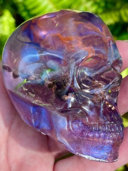 “Magician” Large Super Seven, Sugilite, Rhodochrosite, Amethyst, Clear Quartz & Copper Orgonite Skull - Morganna’s Treasures 