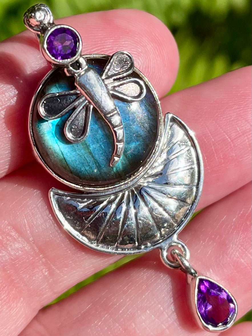 Gorgeous Labradorite and Amethyst Dragonfly Pendant - Morganna’s Treasures 
