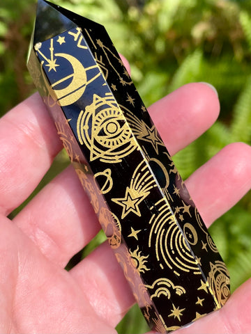 Sacred Symbols Black Obsidian Healing Wand - Yellow - Morganna’s Treasures 