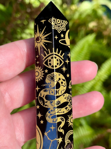 Sacred Symbols Black Obsidian Healing Wand - Yellow - Morganna’s Treasures 