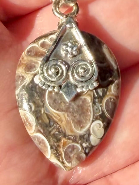 Turritella Agate Owl Pendant - Morganna’s Treasures