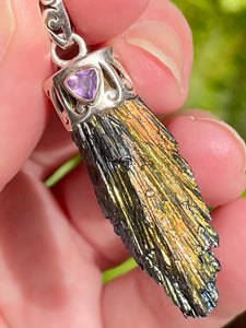 Rainbow Aura Kyanite and Amethyst Pendant - Morganna’s Treasures 