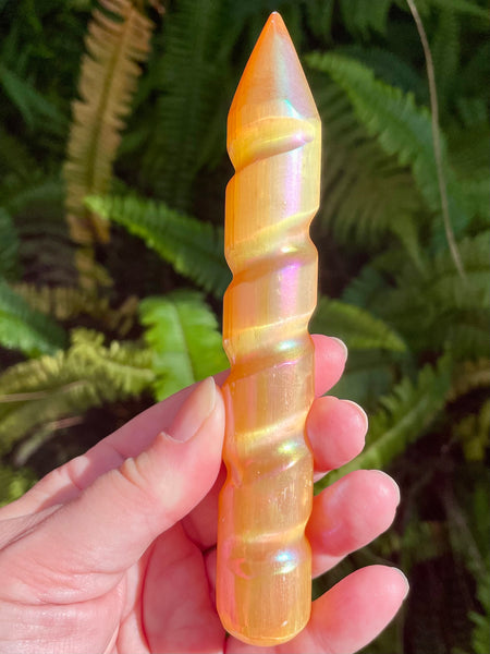 Orange Aura Selenite Spiral Wand - Morganna’s Treasures