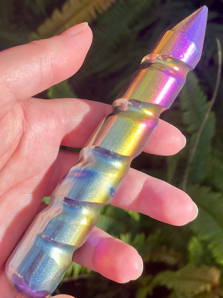 Rainbow Titanium Aura Selenite Spiral Wand - Morganna’s Treasures
