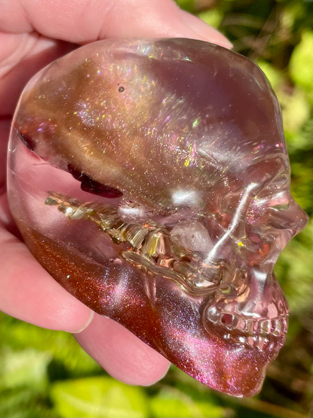 “Visionary” Large Garnet, Rose Quartz, Red Jasper, Clear Quartz & Copper Orgonite Skull