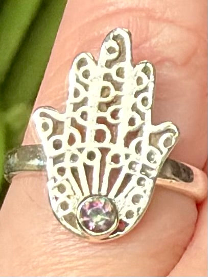 Mystic Fire Topaz Hamsa Hand Ring Size 6 - Morganna’s Treasures
