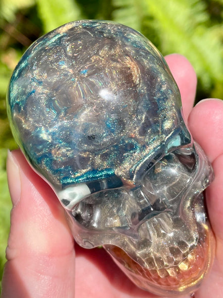 “Mermaid” Sunstone, Aquamarine, Turquoise, Amazonite, Opalite, Clear Quartz & Copper Orgonite Skull - Morganna’s Treasures 