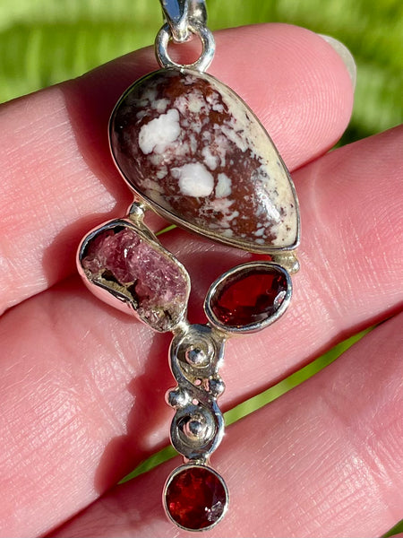 Wild Horse Jasper, Pink Tourmaline and Garnet Pendant - Morganna’s Treasures 